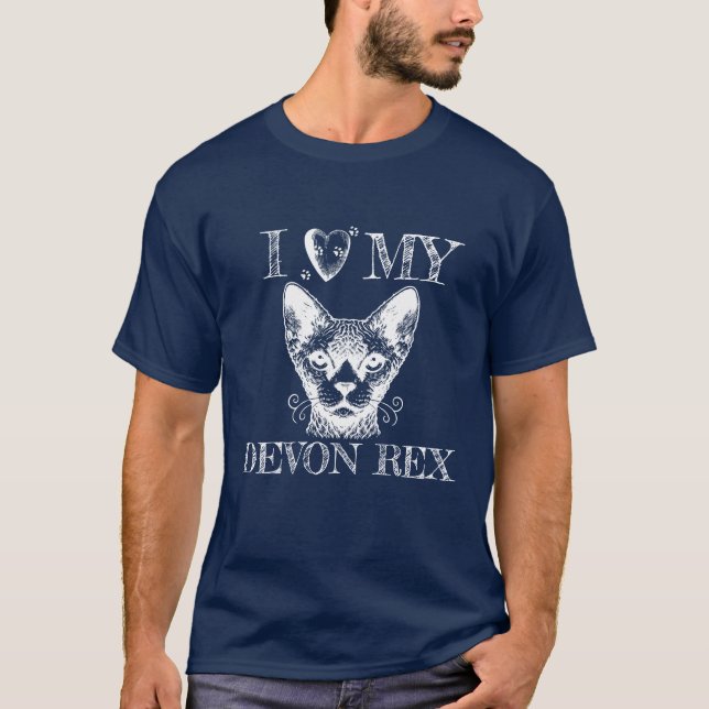 Jag älskar min Devon Rex, kattavtryck vita T Shirt (Framsida)