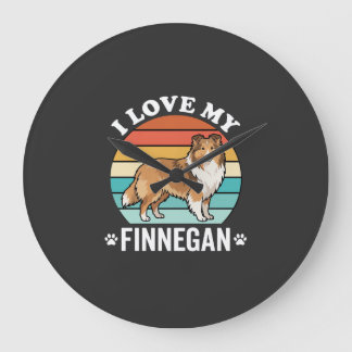 Jag älskar min Finnegan Sheltie Retro solnedgång Stor Klocka