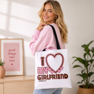 Jag älskar min flickvän hjärta brun rosa toteväska tygkasse