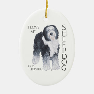 Jag älskar min gamla engelska fårhund julgransprydnad keramik