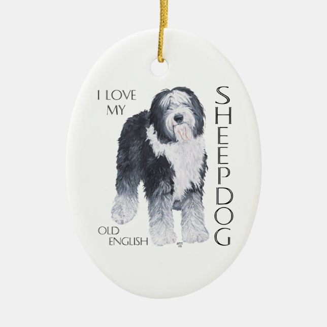 Jag älskar min gamla engelska fårhund julgransprydnad keramik (Framsidan)
