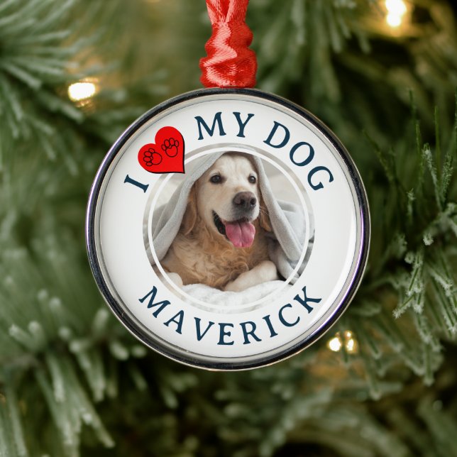 JAG ÄLSKAR MIN HUND Personlig present med foton på Julgransprydnad Metall (Träd)