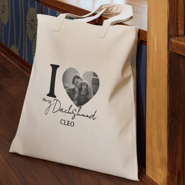 Jag älskar min Hund Pet Photo och Namn Tote Bag Tygkasse (Gift the perfect way to show off your pets with this I Heart My Dog Custom Pet Photo and Name Tote!)