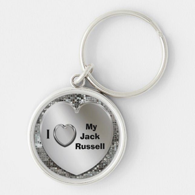 Jag älskar min jackRussell hjärtnyckelring Rund Silverfärgad Nyckelring (Framsidan)