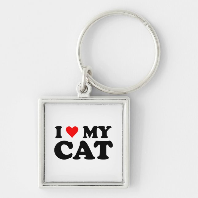 Jag älskar min katt fyrkantig silverfärgad nyckelring (Framsidan)