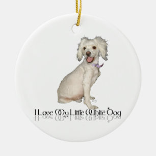 Jag älskar min lilla vita hund - Pudel / Bichon Mi Julgransprydnad Keramik