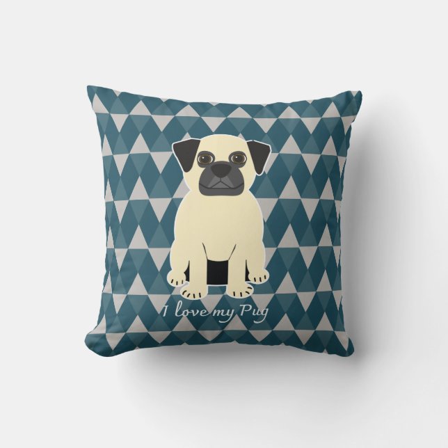 Jag älskar min Mops, Blå diamanter mönster Kudde (Framsida)