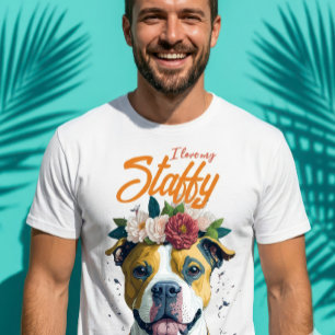 Jag älskar min Staffy Pitbull Blomsterkrona Hundäl T Shirt