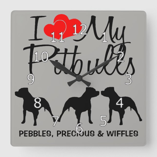 Jag älskar min TRE Pitbulls Fyrkantig Klocka (Framsida)