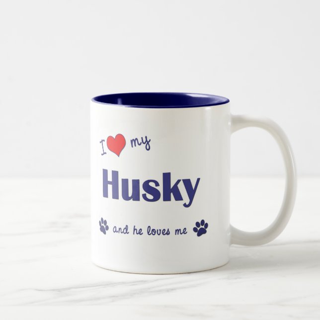 Jag älskar mitt Husky (den Male hunden) Två-Tonad Mugg (Höger)