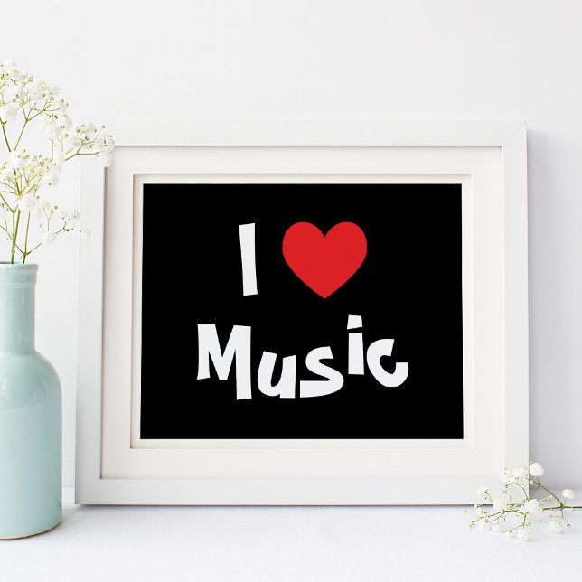 Jag älskar musik poster (Black and White I Love Music Red Heart Poster)
