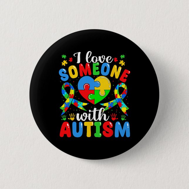 Jag älskar någon med Autism Medvetenhet Hjärtpusse Knapp (Framsida)