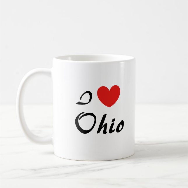 Jag älskar Ohio hjärt-typografi kaffemugg (Vänster)