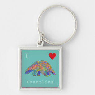 Jag älskar pangoliners färgglada djurrörelse konst fyrkantig silverfärgad nyckelring