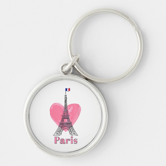 Jag älskar Paris Eiffeltornet Frankrike Present Rund Silverfärgad Nyckelring (Framsidan)