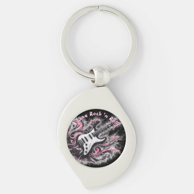 Jag älskar Rock N Roll Elgitarr Personlig Swirl Silverfärgad Nyckelring (Framsidan)