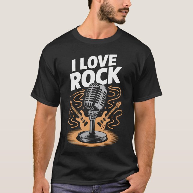 Jag älskar rockklassisk mikrofon gitarr grafik t shirt (Framsida)