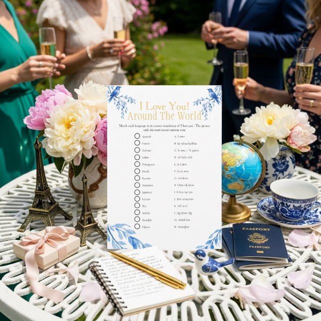 Jag älskar runt om i världen blå Bröllopsdusch spe Inbjudningar (I love around the world blue Bridal shower game)