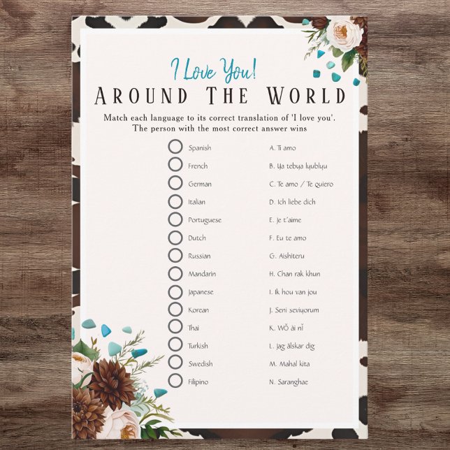 Jag älskar runt om i världen Boho Bröllopsdusch sp Inbjudningar (I love around the world Boho Bridal shower game)