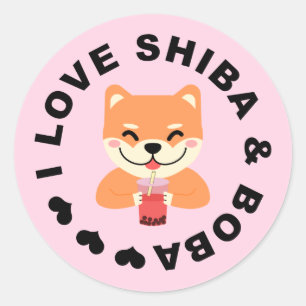 JAG ÄLSKAR SHIBA & BOBA - Söt Shiba Inu och Boba T Runt Klistermärke