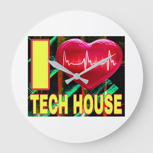 JAG ÄLSKAR TECH HOUSE RÖTT HJÄRTA GULA TECKENSNITT STOR KLOCKA (Framsida)