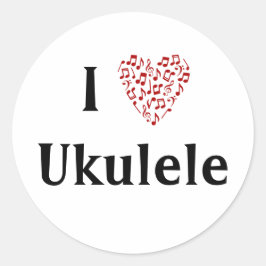 Jag älskar Ukulele Rött hjärta av musiknoter Runt Klistermärke