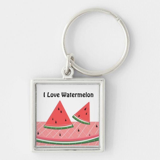 Jag älskar vattenmelon fyrkantig silverfärgad nyckelring (Framsidan)