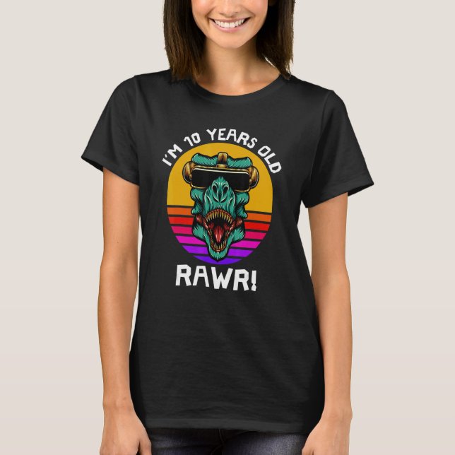 Jag är 10 år gammal Rawr Retro Dinosaur Sunset 10t T Shirt (Framsida)