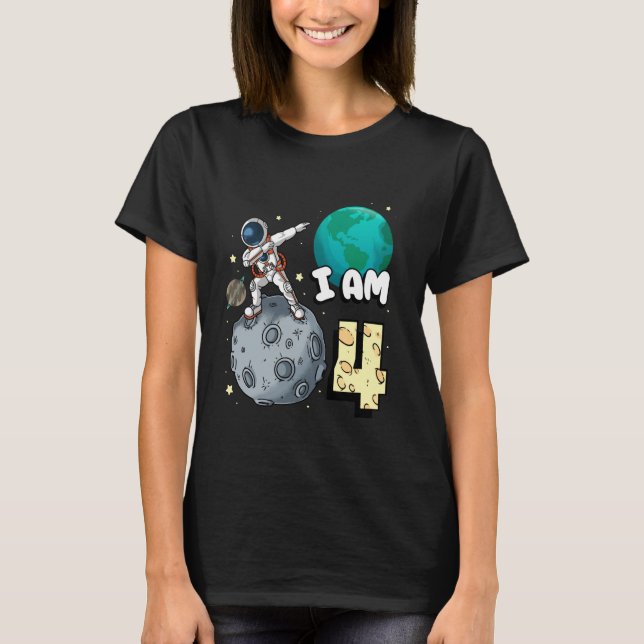 Jag är 4 Rymd Astronaut Kid Moon Walker 4-årsdag T Shirt (Framsida)