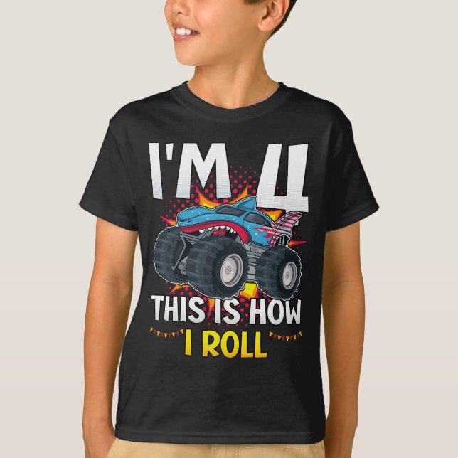Jag är 4 så här rullar jag Monster Lastbil Boy T Shirt (Framsida)