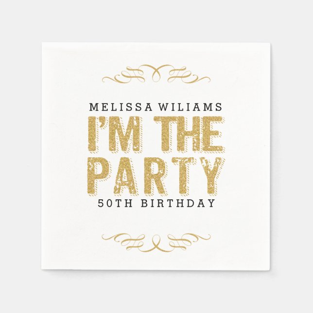 Jag är 50:e födelsedagen Party Guld Glitter Lyckli Pappersservett (Framsidan)