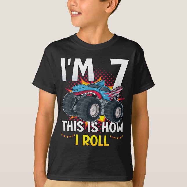 Jag är 7 så här rullar jag Monster Lastbil Boy T Shirt (Framsida)