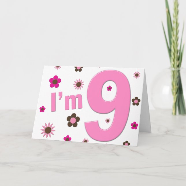 Jag är 9 Rosa Och Bruna Blommor Kort (Framsida)