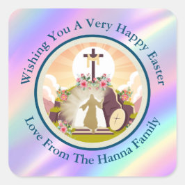 Jag är återuppståndelsen och livepostkortet fyrkantigt klistermärke