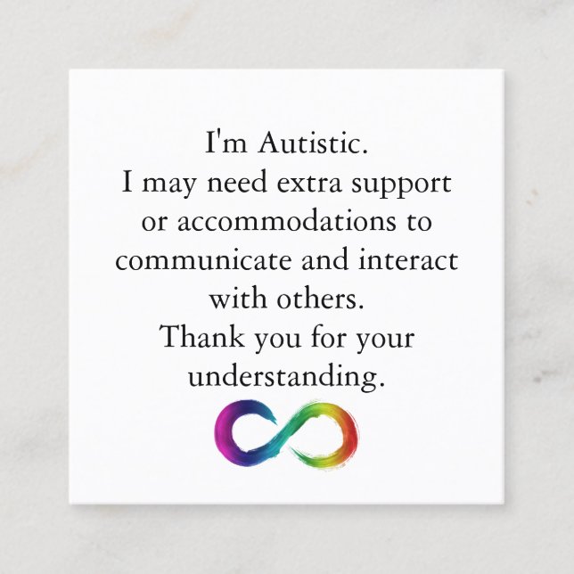 "Jag är autistisk" informations- och kommunikation Fyrkantigt Visitkort (Framsida)