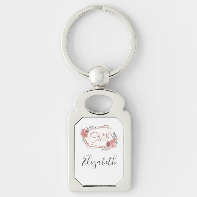 Jag är besättningsmedlem Blommigt Rosa  Rosa Flowe Rektangulärt Silverfärgad Nyckelring (Framsidan)