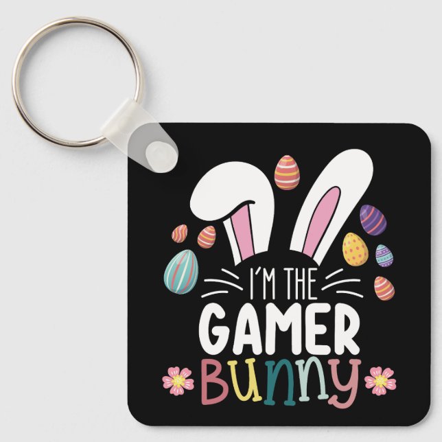 Jag är den gamer-kanin spelande påsk-tema nyckelring (Framsida)