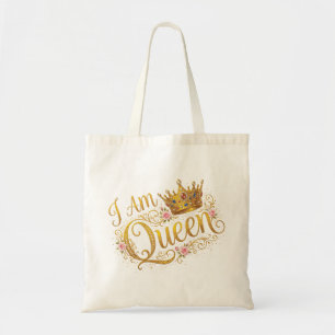 Jag Är Drottning Guld Kron Floral Design Tote Vä Tygkasse
