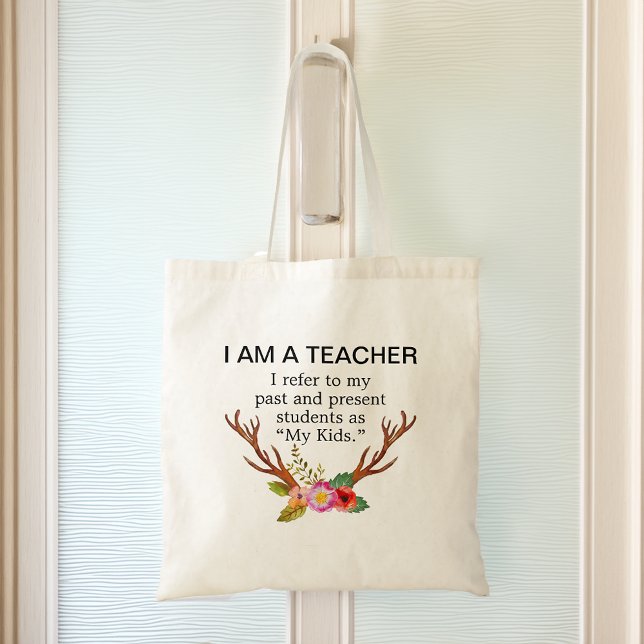 Jag Är En Lärare Hjorthorn Blomma Tygkasse (I Am A Teacher Deer Antlers Floral Tote Bag)