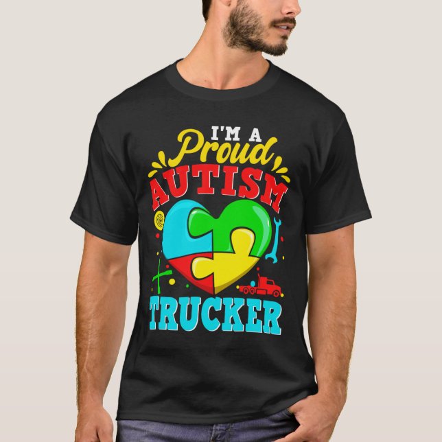 Jag är en stolt Autism Trucker Puzzle Heart Autist T Shirt (Framsida)