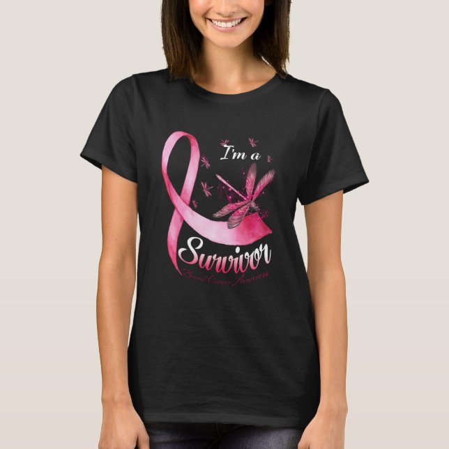 Jag är en Survivor Dragonfly Rosa Ribbon Breast Ca T Shirt (Framsida)