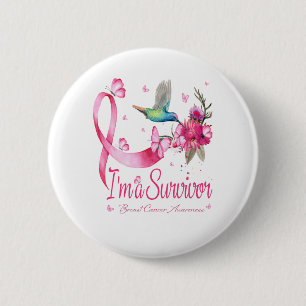 Jag är en Survivor Hummingbird Ribbon Breast Cance Knapp