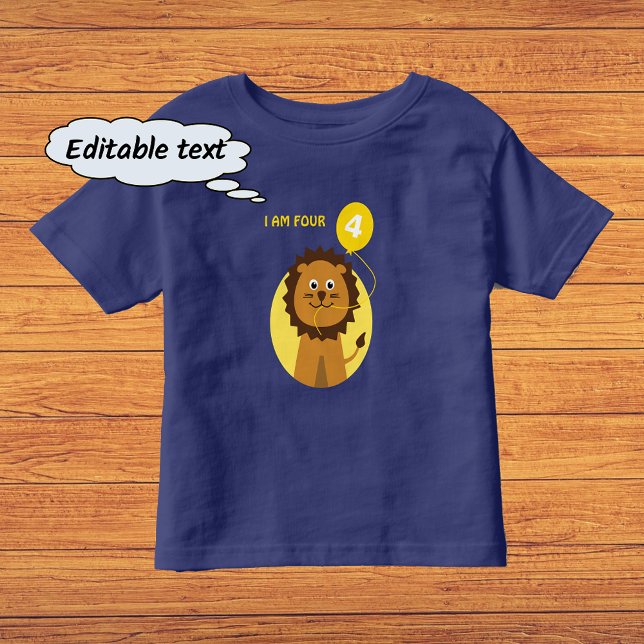 Jag är fyra ballonger för lejon gult t-shirt (This example is the navy blue t-shirt color option)