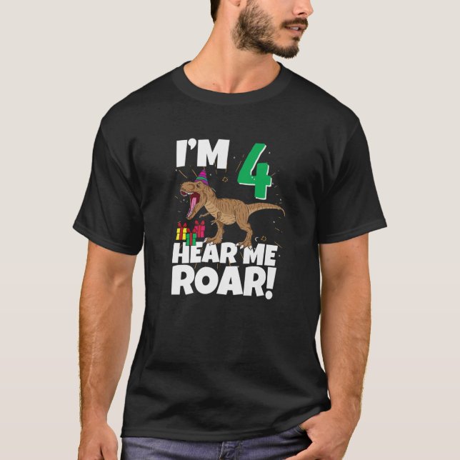 Jag är fyra Hear mig Roar 4e födelsedagen 4 Dino T T Shirt (Framsida)