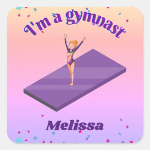 Jag är Gymnast - Girl w/Leotard på Lila Gym Mat Fyrkantigt Klistermärke