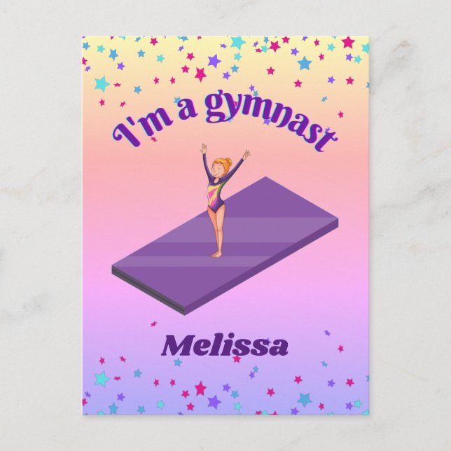 Jag är Gymnast - Girl w/Leotard på Lila Gym Mat Vykort (Framsida)