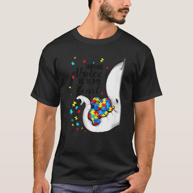 Jag är hans röst Autism Awareness Puzzle Elephant  T Shirt (Framsida)