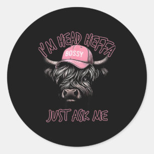 Jag är Head Heffa Fråga Mig Bossy Highland Ko Bas Runt Klistermärke
