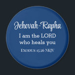 Jag är Herren som heals dig Bible Verse Blue Magnet<br><div class="desc">Denna vackra magnet har en av Guds namn och en mäktig bibel vers från bok i Exodus där Gud förklarar att han är vår helare.</div>