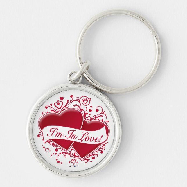 Jag är i Kärlek! Red Hearts Rund Silverfärgad Nyckelring (Framsidan)